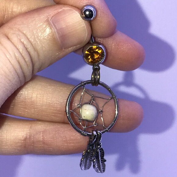 Topaz Orange gem with Cream bead Dream Catcher Dangle Belly Ring - Picture 1 of 11